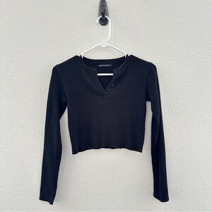 Brandy Melville Black Waffle Cropped Long Sleeve Ribbed Top Normcore OS